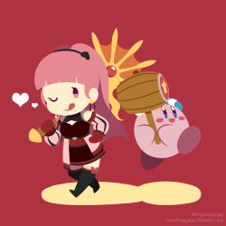 Rule 34 | 1girl, 1other, ;p, axe, bare shoulders, blush stickers, boots, breasts, chibi, cleavage, crossover, earrings, fire emblem, fire emblem: three houses, freikugal (weapon), hachimaki, hair ornament, hairband, hammer, hammer kirby, hand on own hip, headband, heart, heroes relic (fire emblem), highres, hilda valentine goneril, holding, holding axe, holding hammer, holding weapon, jewelry, kirby, kirby (series), long hair, looking at viewer, matching hair/eyes, minimalism, nejiri hachimaki, nintendo, one eye closed, over shoulder, pigeonsenpai, pink eyes, pink hair, red background, shadow, simple background, thighhighs, tongue, tongue out, tumblr username, twintails, twitter username, walking, watermark, weapon, weapon over shoulder, web address, zettai ryouiki