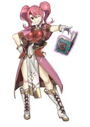Rule 34 | 1girl, absurdres, armor, boobplate, book, breastplate, circlet, ebinku, fire emblem, fire emblem echoes: shadows of valentia, full body, gloves, grin, highres, mae (fire emblem), nintendo, one eye closed, open book, pelvic curtain, pink hair, simple background, smile, solo, twintails, white background, white gloves