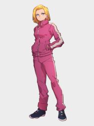 Rule 34 | 1girl, android 18, black footwear, blonde hair, blue eyes, dragon ball, dragon ball super, earrings, full body, grey background, hands in pockets, jacket, jewelry, kemachiku, long sleeves, looking at viewer, pink jacket, shoes, short hair, simple background, solo, standing, track jacket, zipper