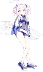 Rule 34 | 1girl, absurdres, blue archive, breasts, commentary, double bun, hair bun, halo, highres, jacket, light smile, long hair, looking at viewer, mabera, medium breasts, mika (blue archive), pink hair, shoes, shorts, simple background, smile, sneakers, solo, white background, wings, yellow eyes