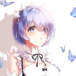Rule 34 | 1girl, black ribbon, blue butterfly, blue eyes, blue hair, blush, bow, breasts, bug, butterfly, cleavage, closed mouth, detached collar, detached sleeves, etchwittyo, frills, hair ornament, hair over one eye, hair ribbon, highres, insect, looking at viewer, maid, maid headdress, medium breasts, neck ribbon, re:zero kara hajimeru isekai seikatsu, rem (re:zero), ribbon, ribbon trim, roswaal mansion maid uniform, short hair, single bare shoulder, solo, twitter username, upper body, x hair ornament