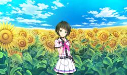 1girl baseball_uniform belt belt_buckle belt_pouch bike_shorts_under_skirt black_belt black_gloves black_hair black_pouch black_shorts black_undershirt blue_sky buckle cinderella_series cloud diagonal_bangs field fingerless_gloves flower flower_field game_cg gloves green_eyes hachigatsu_no_cinderella_nine highres lihua_lin long_hair looking_at_viewer low_twintails mole mole_under_mouth neckerchief non-web_source official_art outdoors parted_lips pink_neckerchief pleated_skirt pouch shirt shirt_under_shirt short_sleeves shorts skirt sky solo sportswear standing striped_belt striped_clothes striped_shirt sunflower sunflower_field twintails vertical-striped_clothes vertical-striped_shirt wristband