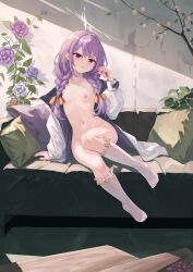 Rule 34 | 1girl, :&lt;, absurdres, arm support, atsuko (blue archive), blue archive, bow, braid, breasts, collarbone, commentary, couch, feet, flower, frilled socks, frills, halo, highres, jacket, legs, linhangwei, long hair, looking at viewer, low twin braids, naked jacket, navel, nipples, no shoes, nude, on couch, open mouth, purple flower, purple hair, purple rose, red eyes, ribbon, ribbon-trimmed legwear, ribbon trim, ribs, rose, small breasts, socks, solo, stomach, toes, twin braids, white jacket, yellow bow, yellow ribbon
