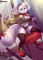 Rule 34 | absurdres, animal ears, breasts, cleavage, furry, highres, large breasts, mechanical arms, ratchet &amp; clank, ratchet &amp; clank: rift apart, rivet (ratchet &amp; clank), short shorts, shorts, tail, thighhighs