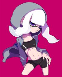 Rule 34 | 1girl, absurdres, bike shorts, blue eyes, blunt bangs, breasts, collarbone, cropped legs, earrings, glint, grey jacket, groin, hand on own hip, highres, hood, hood up, hooded jacket, inkling, inkling girl, inkling player character, jacket, jewelry, long hair, long sleeves, mask, medium breasts, midriff, navel, nintendo, open clothes, open jacket, otoboke-san, parted lips, pink background, silver hair, simple background, solo, sparkle, sports bra, tentacle hair