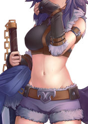 Rule 34 | 1girl, absurdres, armband, belt, breasts, commentary, crop top, english commentary, fur-trimmed shorts, fur trim, groin, head out of frame, highres, jacy, large breasts, makoto (princess connect!), midriff, navel, princess connect!, purple hair, purple shorts, short shorts, shorts, simple background, solo, sweatdrop, sword, tail, upper body, weapon, white background, wolf girl, wolf tail