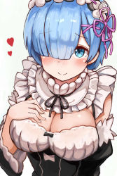 Rule 34 | 10s, 1girl, blue eyes, blue hair, blush, breasts, cleavage, detached sleeves, frills, hair ornament, hair over one eye, hair ribbon, hairpin, hand on breast, hand on own chest, heart, highres, large breasts, looking at viewer, maid, maid headdress, matching hair/eyes, okitsugu, pink ribbon, re:zero kara hajimeru isekai seikatsu, rem (re:zero), ribbon, short hair, simple background, smile, solo, white background, x hair ornament