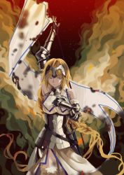 Rule 34 | 1girl, absurdly long hair, absurdres, armor, armored dress, artist request, bad id, bad pixiv id, blue eyes, braid, chain, cowboy shot, cross, embers, fate/apocrypha, fate (series), hand on own chest, headpiece, highres, jeanne d&#039;arc (fate), jeanne d&#039;arc (ruler) (fate), jeanne d&#039;arc (third ascension) (fate), long braid, long hair, painterly, single braid, smoke, solo, standard bearer, very long hair