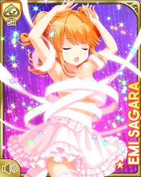 Rule 34 | 1girl, :o, arm up, blue eyes, card, character name, closed eyes, flower, girlfriend (kari), glowing, hair flower, hair ornament, indoors, long hair, magic, magical girl, official art, open mouth, orange hair, purple background, qp:flapper, red skirt, ribbon, sagara emi, skirt, solo, sparkle, tagme, transformation, twintails