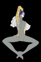 Rule 34 | 1other, akihiko (sw4553), androgynous, arm support, black background, blue eyes, blue hair, blunt bangs, crystal hair, dripping, golden arms, hand in own hair, high heels, houseki no kuni, looking at viewer, moon uniform (houseki no kuni), other focus, parted lips, phosphophyllite, phosphophyllite (ll), see-through, see-through sleeves, short hair, simple background, sitting, solo, spoilers, spread legs