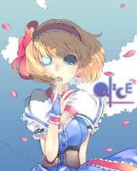 Rule 34 | 1girl, alice margatroid, blonde hair, blue eyes, breasts, cherry blossoms, cloud, corset, female focus, gradient background, hairband, mikage sekizai, petals, short hair, solo, touhou, upper body