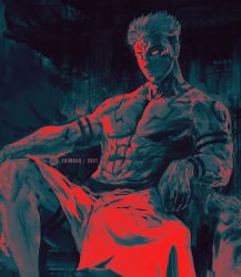 Rule 34 | 1boy, abs, architecture, closed mouth, dark, dated, east asian architecture, extra eyes, facial mark, forehead tattoo, highres, itadori yuuji, jujutsu kaisen, looking at viewer, male focus, monochrome, muscular, muscular male, pectorals, red eyes, red theme, ryoumen sukuna (jujutsu kaisen), shimhaq, short hair, signature, sitting, solo, tattoo, throne, topless male, very short hair