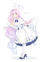 Rule 34 | 1girl, absurdres, angel wings, black footwear, blue archive, blush, capelet, character name, crescent, crescent pin, dress, eme (emeralda), feathered wings, flower, full body, hair bun, hair flower, hair ornament, halo, high heels, highres, long hair, looking at viewer, mika (blue archive), open mouth, pantyhose, pink hair, pink halo, purple flower, simple background, single side bun, smile, solo, standing, white background, white capelet, white dress, white pantyhose, white wings, wings, yellow eyes