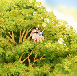 Rule 34 | 1boy, 1girl, black hair, blush, branch, bubble, blowing bubbles, highres, leaf, open mouth, original, outdoors, shirt, short hair, short sleeves, sitting, tree, white shirt, wide shot, yoovora