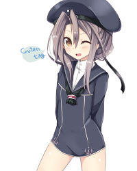 Rule 34 | 10s, 1girl, amano kouki, anchor, arms behind back, bare legs, blush, brown eyes, clothes writing, cosplay, dress, german text, hat, highres, kantai collection, long sleeves, looking at viewer, neckerchief, one eye closed, sailor collar, sailor dress, sailor hat, silver hair, simple background, solo, text focus, translated, wavy mouth, white background, z1 leberecht maass (kancolle), z1 leberecht maass (kancolle) (cosplay), zuihou (kancolle)