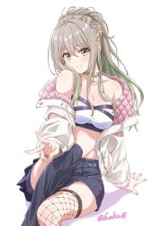 Rule 34 | 1girl, bandeau, bare shoulders, black skirt, breasts, character request, choker, commentary request, copyright request, fishnets, fuusuke (fusuke208), gradient hair, green eyes, green hair, grey hair, grin, highres, jacket, long hair, long sleeves, looking at viewer, medium breasts, midriff, miniskirt, multicolored hair, off shoulder, open clothes, open jacket, simple background, sitting, skirt, smile, solo, stomach, strapless, tube top, white background, white jacket