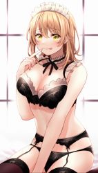 Rule 34 | 1girl, alternate costume, black bra, black panties, black ribbon, black thighhighs, bra, breasts, brown hair, cleavage, detached collar, enmaided, finger to mouth, garter belt, garter straps, hair between eyes, highres, isshiki iroha, kneeling, licking lips, looking at viewer, maid, maid headdress, medium breasts, medium hair, navel, neck ribbon, on bed, panties, red hayao, ribbon, simple background, solo, thighhighs, tongue, tongue out, underwear, yahari ore no seishun lovecome wa machigatteiru., yellow eyes