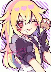 Rule 34 | 1girl, absurdres, blonde hair, cake, commission, food, fruit, heart, heart-shaped pupils, highres, koga twin (female), kyouda suzuka, long hair, looking at viewer, maid, one eye closed, original, skeb commission, strawberry, striped, striped background, symbol-shaped pupils, tongue, tongue out