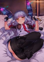 Rule 34 | 10s, 1girl, blunt bangs, blush, breasts, cameltoe, chestnut mouth, clothes pull, crotch seam, dress, eyebrows, feet, gloves, hair ornament, hair ribbon, headgear, heavy breathing, jacket, kantai collection, kuon michiyoshi, large breasts, long hair, lying, murakumo (kancolle), murakumo kai ni (kancolle), necktie, nipples, no shoes, on back, on bed, pantyhose, pantyhose pull, ribbon, sailor dress, saliva, saliva trail, skin tight, solo, solo focus, suggestive fluid, thighband pantyhose, toes, tress ribbon, white hair, yellow eyes