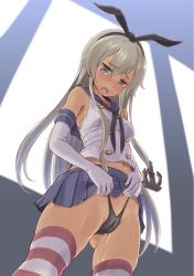Rule 34 | 10s, 1girl, black panties, blush, cameltoe, elbow gloves, from below, gloves, grey eyes, hairband, highres, kantai collection, long hair, looking at viewer, open mouth, panties, pussy juice, shimakaze (kancolle), silver hair, skirt, solo, striped clothes, striped thighhighs, tears, thighhighs, underwear, upskirt, wa (genryusui)