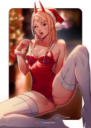 Rule 34 | 1girl, arm at side, artist name, blonde hair, blurry, blurry background, blush, boots, breasts, chainsaw man, christmas, christmas tree, cleavage, cross-shaped pupils, demon horns, fur wrist cuffs, hair ornament, hairclip, hand up, hat, high heel boots, high heels, highres, horns, inhoso, instagram logo, knee up, leotard, medium breasts, orange eyes, patreon logo, power (chainsaw man), red hat, red horns, red leotard, red lips, santa hat, sharp teeth, sitting, solo, spread legs, straight hair, symbol-shaped pupils, teeth, thigh boots, thighs, tongue, tongue out, twitter logo, upper teeth only, white background, white footwear, white wrist cuffs, wrist cuffs