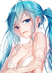 Rule 34 | 1girl, ahoge, bare shoulders, bikini, blue eyes, blush, breasts, cleavage, collarbone, commentary request, hair ribbon, hand on own arm, hatsune miku, long hair, looking at viewer, medium breasts, open mouth, qys3, revision, ribbon, signature, simple background, solo, strap gap, strap slip, swimsuit, twintails, upper body, vocaloid, water drop, wet, white background, white bikini, white ribbon