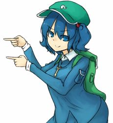 Rule 34 | 1girl, backpack, bad id, bad pixiv id, bag, blue eyes, blue hair, dress, hair bobbles, hair ornament, hat, kanfuru, kawashiro nitori, key, long sleeves, matching hair/eyes, pocket, pointing, pointing finger, pointing forward, short hair, short twintails, simple background, skirt, skirt set, solo, touhou, twintails, two side up, white background