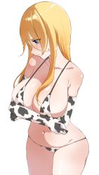 Rule 34 | 1girl, animal print, bare shoulders, bikini, blonde hair, blue eyes, blush, breasts, cleavage, closed mouth, collarbone, cow print, cow print gloves, genderswap, genderswap (mtf), guilty gear, guilty gear xrd, hair down, hair ribbon, highres, ky kiske, kyko, large breasts, m.u.g.e.n, navel, print gloves, ribbon, simple background, solo, swimsuit, toto81311148, underwear, white background