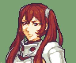 Rule 34 | 1girl, armor, breastplate, commentary, fire emblem, fire emblem awakening, glaceo, green background, long hair, lowres, nintendo, pauldrons, pixel art, red eyes, red hair, severa (fire emblem), shoulder armor, simple background, solo, twintails, upper body