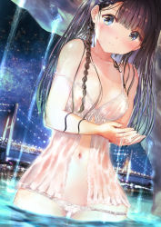 Rule 34 | 1girl, absurdres, black hair, blue eyes, blunt bangs, blush, bow, bow panties, braid, breasts, bridge, city lights, collarbone, cupping hands, highres, long hair, looking at viewer, navel, night, ogata tei, original, outdoors, own hands together, panties, partially submerged, see-through, single braid, sky, solo, star (sky), starry sky, underwear, underwear only, wet, wet clothes, wet hair, wet panties, white panties