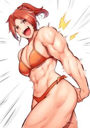 Rule 34 | 1girl, abs, bikini, breasts, flexing, harurukan, highres, large breasts, looking at viewer, midriff, muscular, muscular female, original, ponytail, red eyes, red hair, short hair, simple background, smile, stomach, swimsuit, thick thighs, thighs, triceps