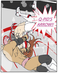 Rule 34 | 1boy, 1girl, bare shoulders, battle, breasts, brown hair, cleavage, dead or alive, ghost13, highres, japanese clothes, kasumi (doa), large breasts, long hair, mask, mixed wrestling, muscular, ninja, pain, panties, piledriver (wrestling), restrained, ryona, sweat, tecmo, thick thighs, thighhighs, thighs, underwear, upside-down, violence, white panties, white thighhighs, wrestler, wrestling, wrestling outfit