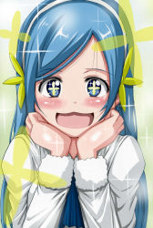Rule 34 | 10s, 1girl, :3, :d, blue hair, blush, commentary request, gradient background, hairband, highres, himouto! umaru-chan, long hair, open mouth, smile, solo, symbol-shaped pupils, tachibana sylphynford, very long hair, wasugabakuhatu