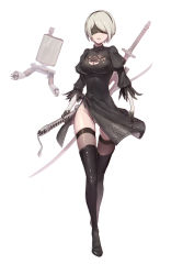 Rule 34 | 1girl, arms at sides, black dress, black footwear, black gloves, black thighhighs, blindfold, boots, breasts, cleavage, covered eyes, dress, facing viewer, full body, gloves, hairband, highres, holding, holding sword, holding weapon, katana, liu lan, mole, mole under mouth, nier:automata, nier (series), panties, parted lips, pod (nier:automata), puffy sleeves, robot, shiny clothes, short dress, short hair, side slit, silver hair, simple background, skindentation, swept bangs, sword, sword behind back, thigh boots, thighhighs, underwear, vambraces, walking, weapon, white background, white panties, 2b (nier:automata)