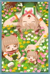 Rule 34 | 1girl, :3, animal ears, animal nose, arm behind head, arm up, bandana around neck, blue border, border, brown hair, character doll, commentary request, dated, field, flower, flower field, grass, green overalls, happy birthday, highres, lying, mode aim, on back, on ground, open mouth, ponpoko (vtuber), raccoon ears, raccoon girl, raccoon tail, shirt, short hair, short sleeves, smile, tail, translation request, upper body, upside-down, utochan (uptkop), virtual youtuber, white shirt