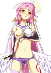 Rule 34 | 10s, 1girl, angel wings, blush, breast slip, breasts, spiked halo, feathered wings, gloves, halo, highres, jibril (no game no life), licking lips, long hair, looking at viewer, low wings, magic circle, midriff, navel, nipples, no game no life, one breast out, panties, pink hair, pussy juice, shuffle (songdatiankong), smile, solo, thighhighs, tongue, tongue out, underwear, very long hair, wet, wet clothes, wet panties, white wings, wings, yellow eyes