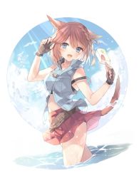 Rule 34 | 1girl, :d, animal ears, warrior of light (ff14), blue eyes, braid, brown hair, cat ears, cat girl, cat tail, fang, final fantasy, final fantasy xiv, fingerless gloves, food, gloves, highres, in water, miniskirt, miqo&#039;te, navel, open mouth, pleated skirt, popsicle, red skirt, rento (rukeai), second-party source, short hair, skirt, sleeveless, sleeveless jacket, smile, splashing, tail, wading, water, water drop