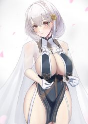 Rule 34 | 1girl, azur lane, braid, breast curtains, cafenami, china dress, chinese clothes, dress, flower, garter straps, gloves, grey dress, hair flower, hair ornament, half gloves, highres, looking at viewer, official alternate costume, pelvic curtain, red eyes, revealing clothes, ribbon between breasts, see-through, see-through sleeves, short hair, side braid, simple background, sirius (azur lane), sirius (azure horizons) (azur lane), solo, standing, white background, white gloves, white hair