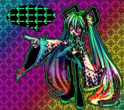 Rule 34 | 1girl, acid trip, bad id, bad pixiv id, colorful, detached sleeves, female focus, full body, green hair, hatsune miku, highres, long hair, senmu (0107), solo, thighhighs, twintails, very long hair, vocaloid