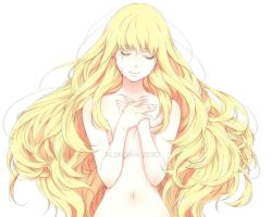 Rule 34 | 10s, 1girl, aldnoah.zero, amy26, asseylum vers allusia, blonde hair, closed eyes, long hair, nude, simple background, smile, title, white background