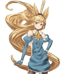 Rule 34 | &gt;:), 10s, 1girl, animal ears, bare shoulders, blonde hair, blue dress, blue eyes, blue gloves, blush, breasts, charlotta (granblue fantasy), closed mouth, crown, dress, elbow gloves, erune, floating hair, gloves, granblue fantasy, hand on own hip, head tilt, long hair, looking at viewer, medium breasts, o (rakkasei), puffy sleeves, simple background, solo, v-shaped eyebrows, very long hair, white background