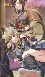 Rule 34 | 2girls, :d, absurdres, ahoge, animal ears, bare shoulders, black pantyhose, blonde hair, brown gloves, brown hair, cat ears, cat tail, chiori (genshin impact), commentary request, detached sleeves, genshin impact, gloves, green eyes, grey kimono, haori, highres, japanese clothes, kimono, kirara (genshin impact), leg warmers, long hair, long sleeves, looking at viewer, lying, miniskirt, multiple girls, multiple tails, narahazime, on side, open clothes, open mouth, pantyhose, short sleeves, sidelocks, skirt, smile, tail, thighs, two tails