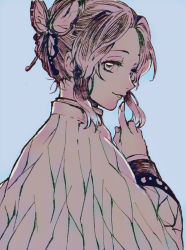 Rule 34 | 1girl, blue background, butterfly hair ornament, finger to mouth, from behind, hair ornament, hair up, kimetsu no yaiba, kochou shinobu, parted bangs, sidelocks, solo, souryu513 (sousuke), upper body