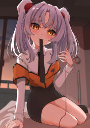 Rule 34 | 1girl, grey hair, hair ornament, highres, hoshino ruri, kidou senkan nadesico, long sleeves, looking at viewer, medium hair, mouth hold, open clothes, open vest, ru-ha, shirt, smile, solo, twintails, vest, white shirt, yellow eyes