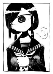 Rule 34 | 1girl, bad id, bad twitter id, collarbone, cyclops, framed, greyscale, head tilt, highres, kurome shirome, looking at viewer, monochrome, necktie, one-eyed, original, school uniform, serafuku, sidelocks, simple background, solo, speech bubble, twintails, upper body, white background