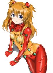 Rule 34 | 1girl, arm support, artist request, blue eyes, blush, bodysuit, breasts, brown hair, cowboy shot, evangelion: 2.0 you can (not) advance, hair between eyes, highres, impossible bodysuit, impossible clothes, interface headset, long hair, looking at viewer, medium breasts, neon genesis evangelion, plugsuit, rebuild of evangelion, red bodysuit, shiny clothes, simple background, skin tight, solo, souryuu asuka langley, sweat, test plugsuit, two side up, very long hair, wide hips