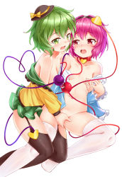 Rule 34 | 2girls, absurdres, bare shoulders, black hairband, black headwear, black legwear, blush, bottomless, bow, breasts, choker, feet out of frame, fingering, frilled shirt collar, frills, green eyes, green hair, green skirt, hair between eyes, hairband, hat, hat bow, heart, heart choker, heart of string, highres, incest, komeiji koishi, komeiji satori, long sleeves, looking at another, microskirt, mini hat, multiple girls, navel, no shoes, open clothes, open mouth, open shirt, pink eyes, pink hair, red choker, shirt, short hair, siblings, simple background, sisters, skirt, small breasts, smile, stomach, thighhighs, thighs, third eye, touhou, white background, white legwear, yangshangshu, yellow bow, yellow shirt, yuri