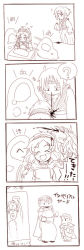 Rule 34 | 1boy, 4koma, ?, blood, breasts, cape, character request, closed mouth, comic, headbutt, kara (color), long hair, monochrome, multiple boys, multiple girls, nosebleed, open mouth, romancing saga, romancing saga 2, saga, simple background, smile, white background