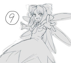 Rule 34 | 1girl, :d, bow, circled 9, cirno, dress, female focus, foreshortening, greyscale, hair bow, monochrome, open mouth, short hair, sketch, smile, solo, tetsu (kimuchi), touhou, wings