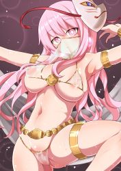 Rule 34 | 1girl, armpits, closed mouth, commentary request, cowboy shot, dancer, expressionless, fox mask, gold, hair between eyes, harem outfit, hata no kokoro, highres, jewelry, kumasan (kumazonjp), long hair, mask, mask on head, mouth veil, pink eyes, pink hair, see-through, solo, standing, standing on one leg, touhou, veil, wet, wet clothes